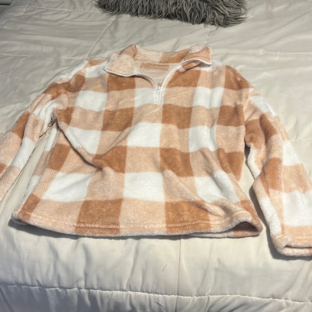 plaid pink and white half zip jacket
